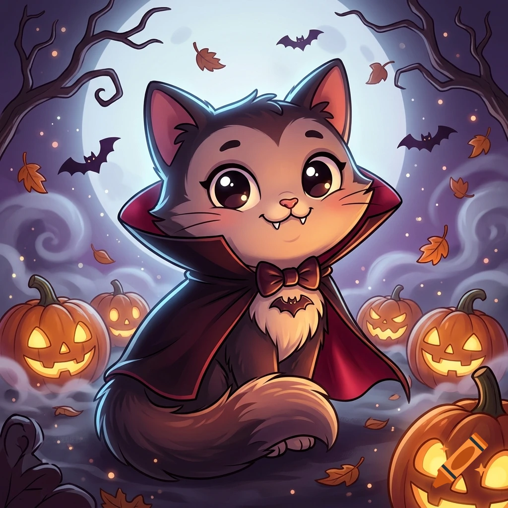 Digital cartoon illustration of a cute dark gray cat dressed as a vampire in a cape sitting among glowing jack-o'-lanterns at night.