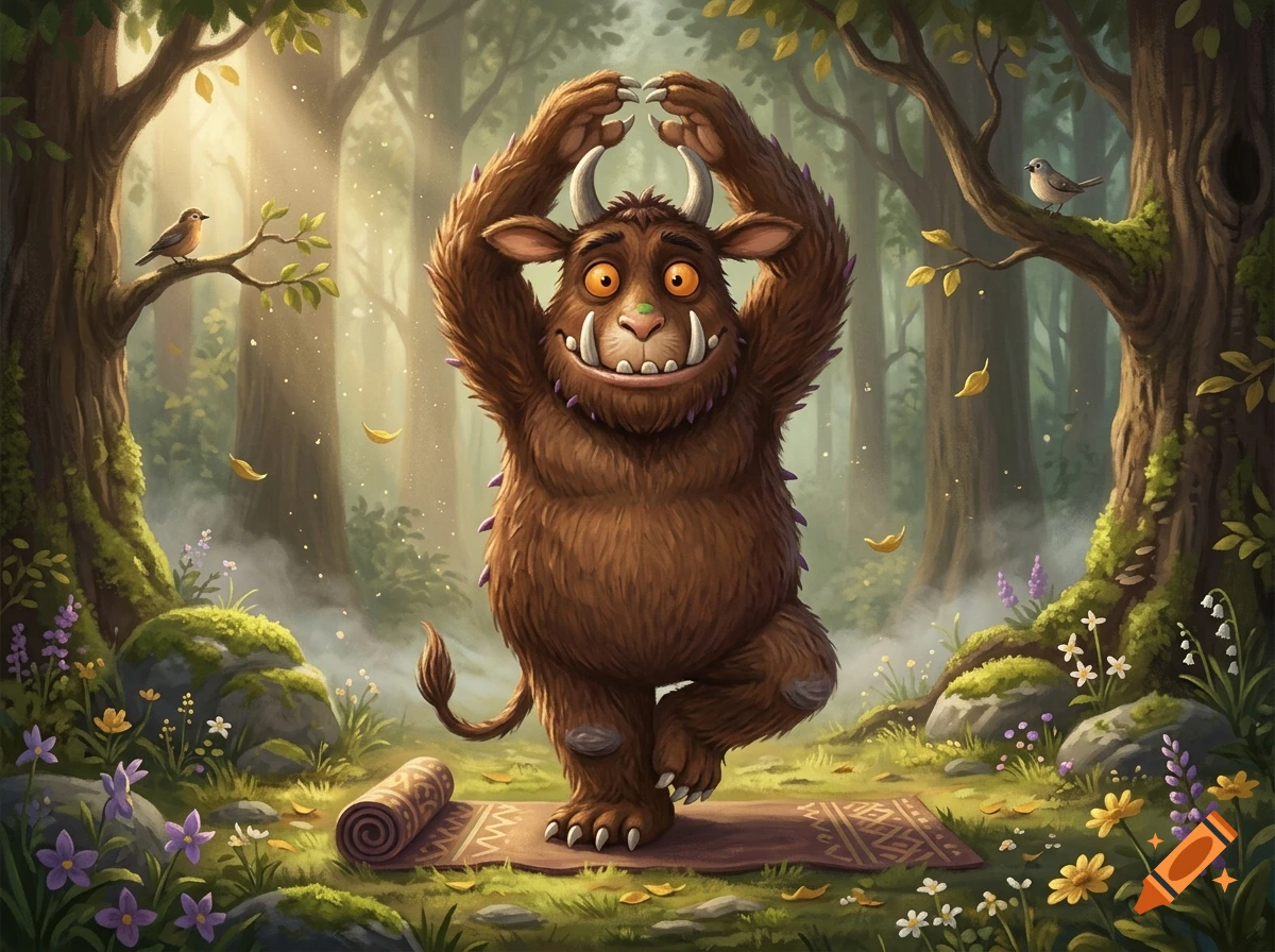A furry brown monster with horns doing yoga in a sunny forest, digital illustration.