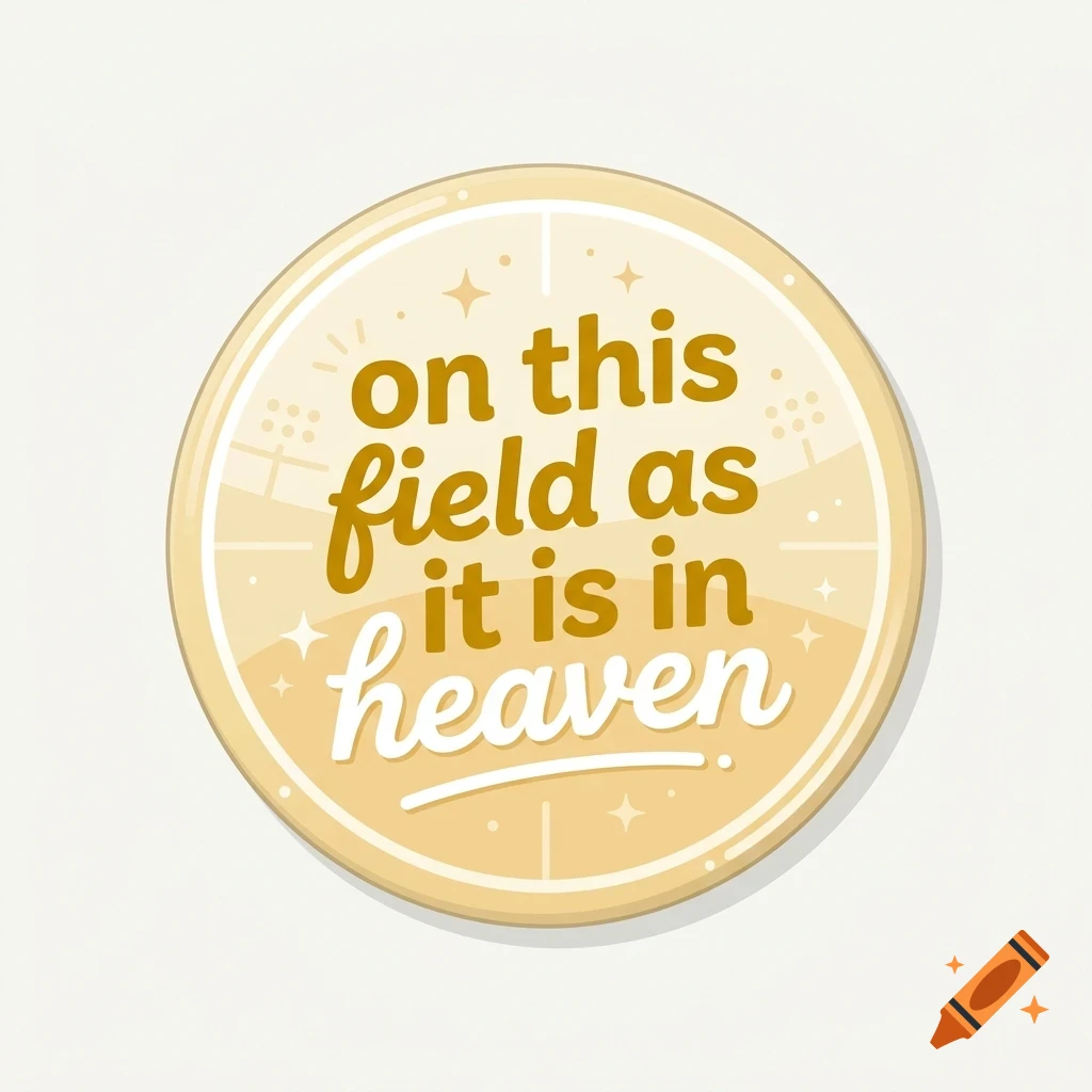 A circular beige badge with dark yellow and white lettering that reads 'on this field as it is in heaven'.