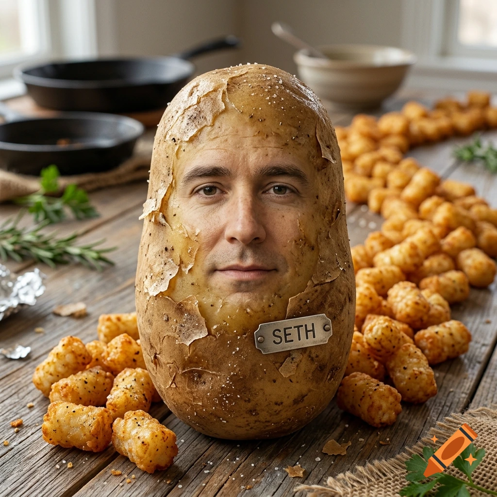 Photorealistic image of a large baked potato with a man's face and a metal name tag reading SETH, surrounded by tater tots on a wooden table.