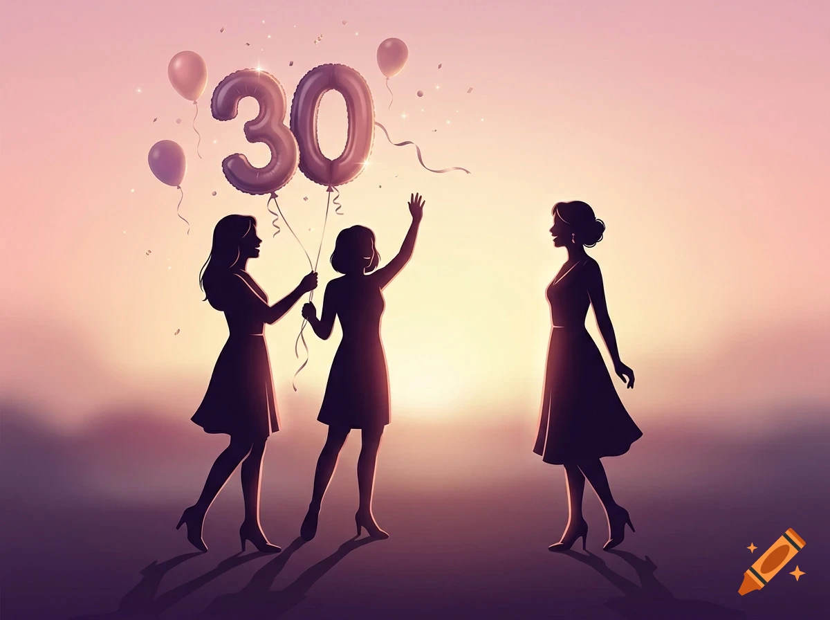Three female silhouettes stand together at sunset, celebrating a 30th birthday with balloons shaped like the number thirty.