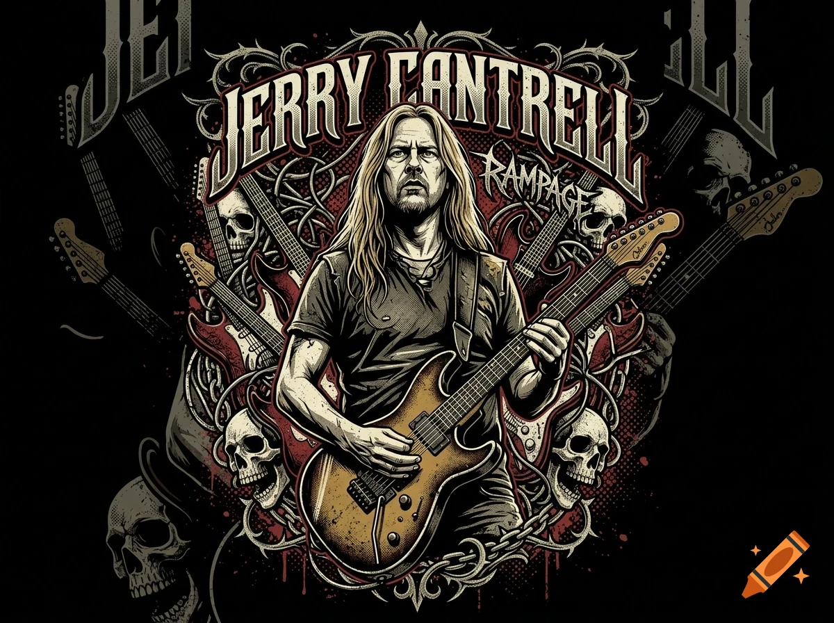 An illustrated poster of musician Jerry Cantrell playing an electric guitar, surrounded by guitars, skulls, and decorative lettering.