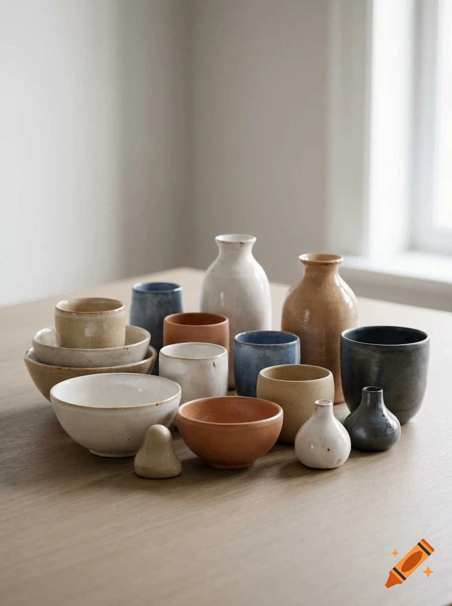 An arrangement of various ceramic pottery pieces, including bowls, cups, and vases in earth tones and blue shades, displayed on a wooden surface.