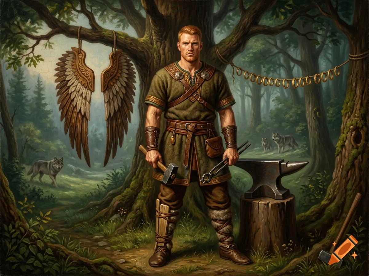 Renaissance oil painting of a muscular Viking blacksmith in a wooded valley, with hanging wings and gold rings in the background.