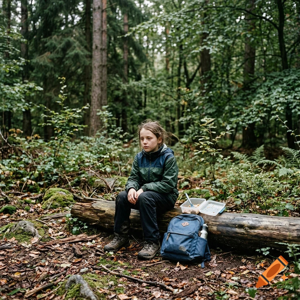 A young girl sitting alone on a log in a dense forest with a backpack and food containers nearby, photorealistic.