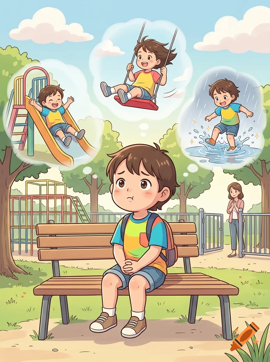 A cartoon illustration of a young boy sitting alone on a park bench with thought bubbles showing him playing on a slide, swinging, and splashing in a puddle, while a woman looks on in the background.