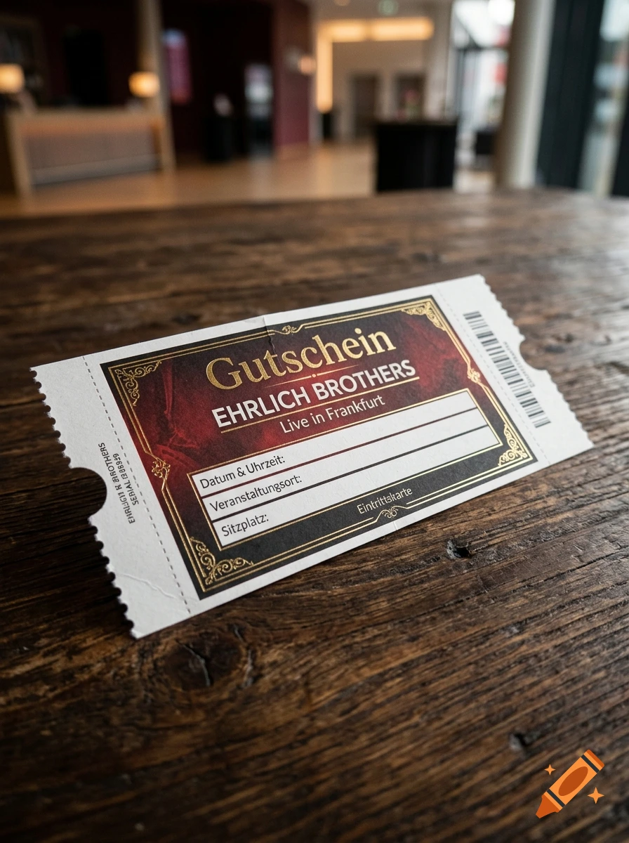 Close-up photorealistic shot of an Ehrlich Brothers concert voucher resting on a rustic wooden table.