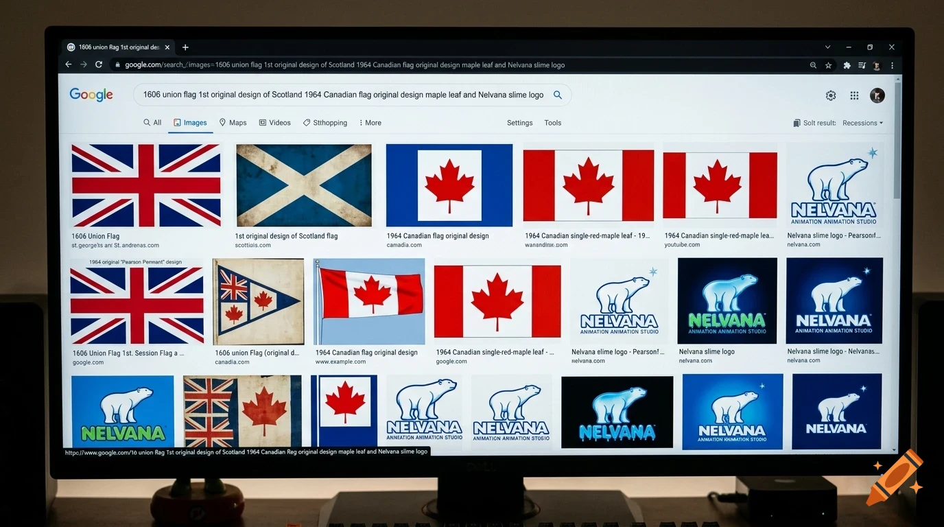 A computer monitor displaying a Google image search results page featuring flags and logos.