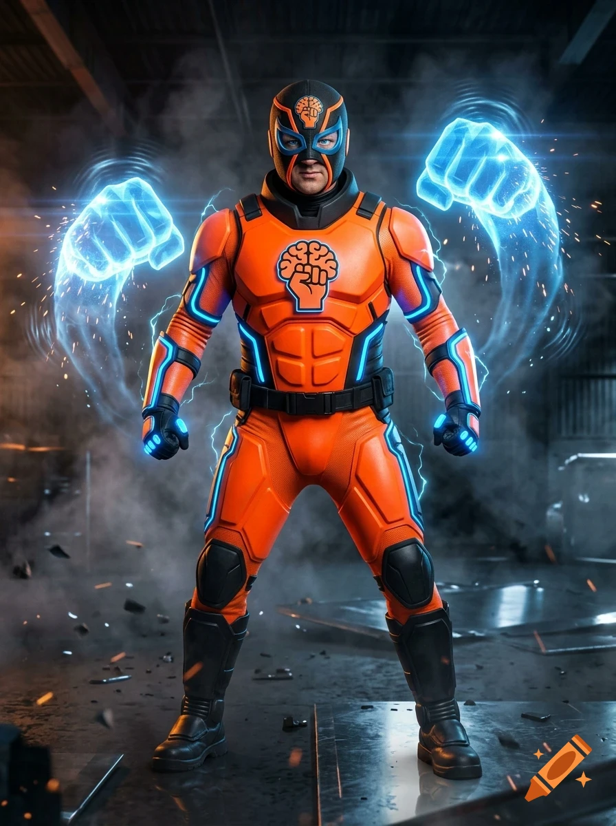 A superhero in orange and black armor with glowing blue energy fists stands in an industrial setting.