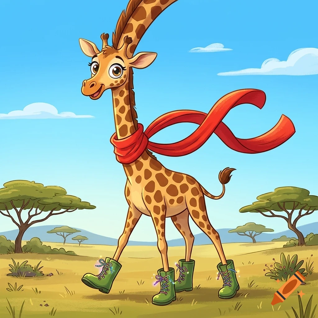 A cartoon illustration of a smiling giraffe wearing a red scarf and green rain boots walking in a savanna landscape with trees and clouds.