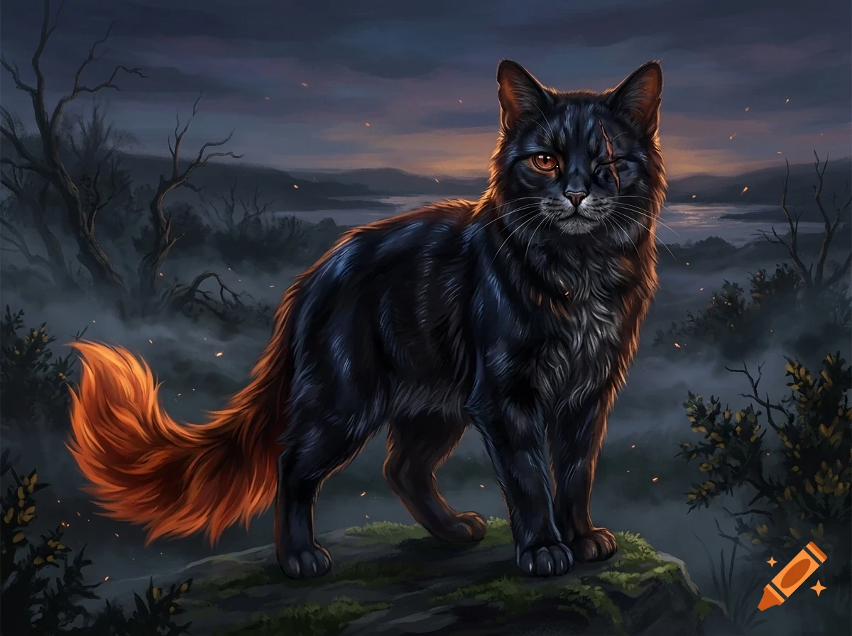 A black cat with a scar over one eye and a fiery orange tail stands on a cliff overlooking a misty landscape at dusk.