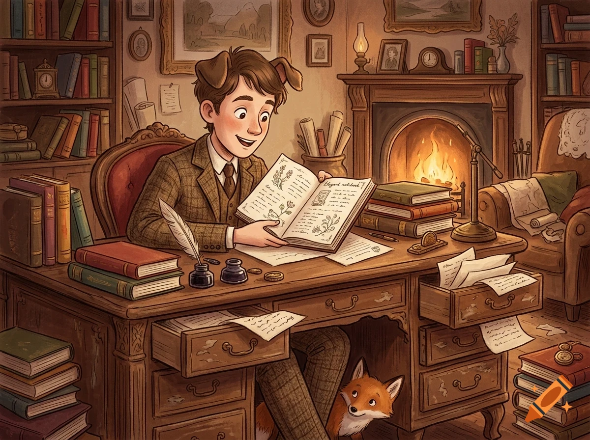 An illustrated study scene featuring a young man with dog ears reading a botanical book at a wooden desk with books, ink, and a fireplace in the background.