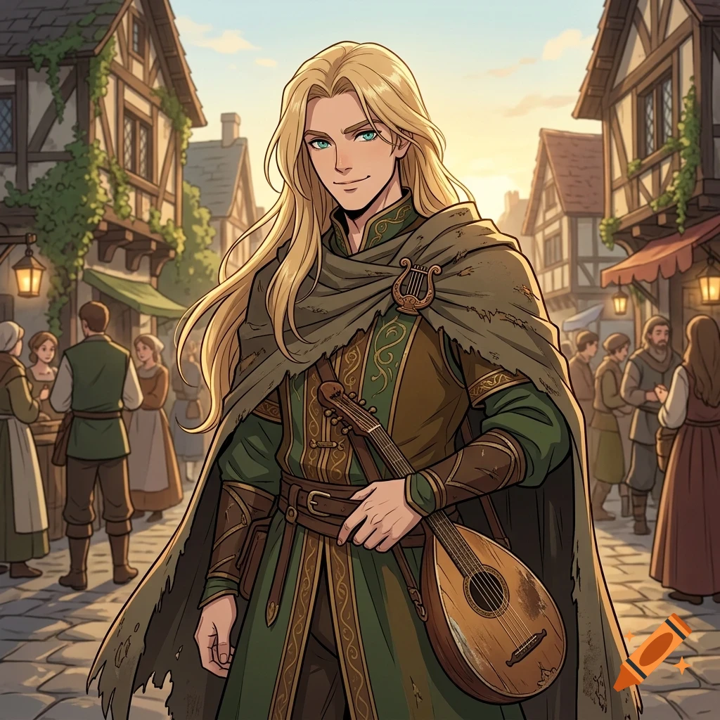 An anime-style illustration of a smiling man with long blonde hair holding a lute, standing on a medieval cobblestone street with buildings and other people in the background.
