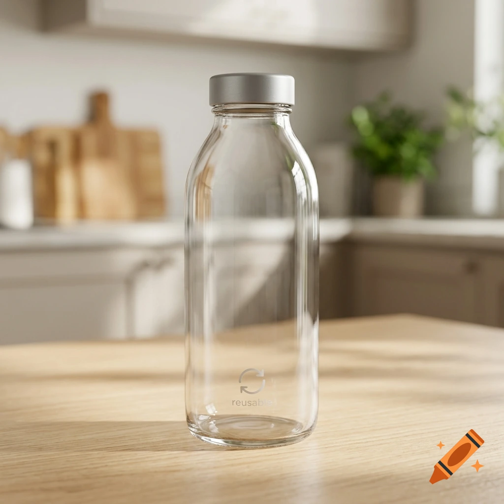 Photorealistic image of a clear glass reusable water bottle with a silver cap, standing on a wooden table in a kitchen.