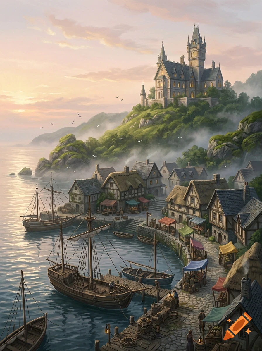 An illustration of a coastal village with a harbor, moored sailing ships, market stalls along the stone path, and a large castle on a hill overlooking the sea during sunset.
