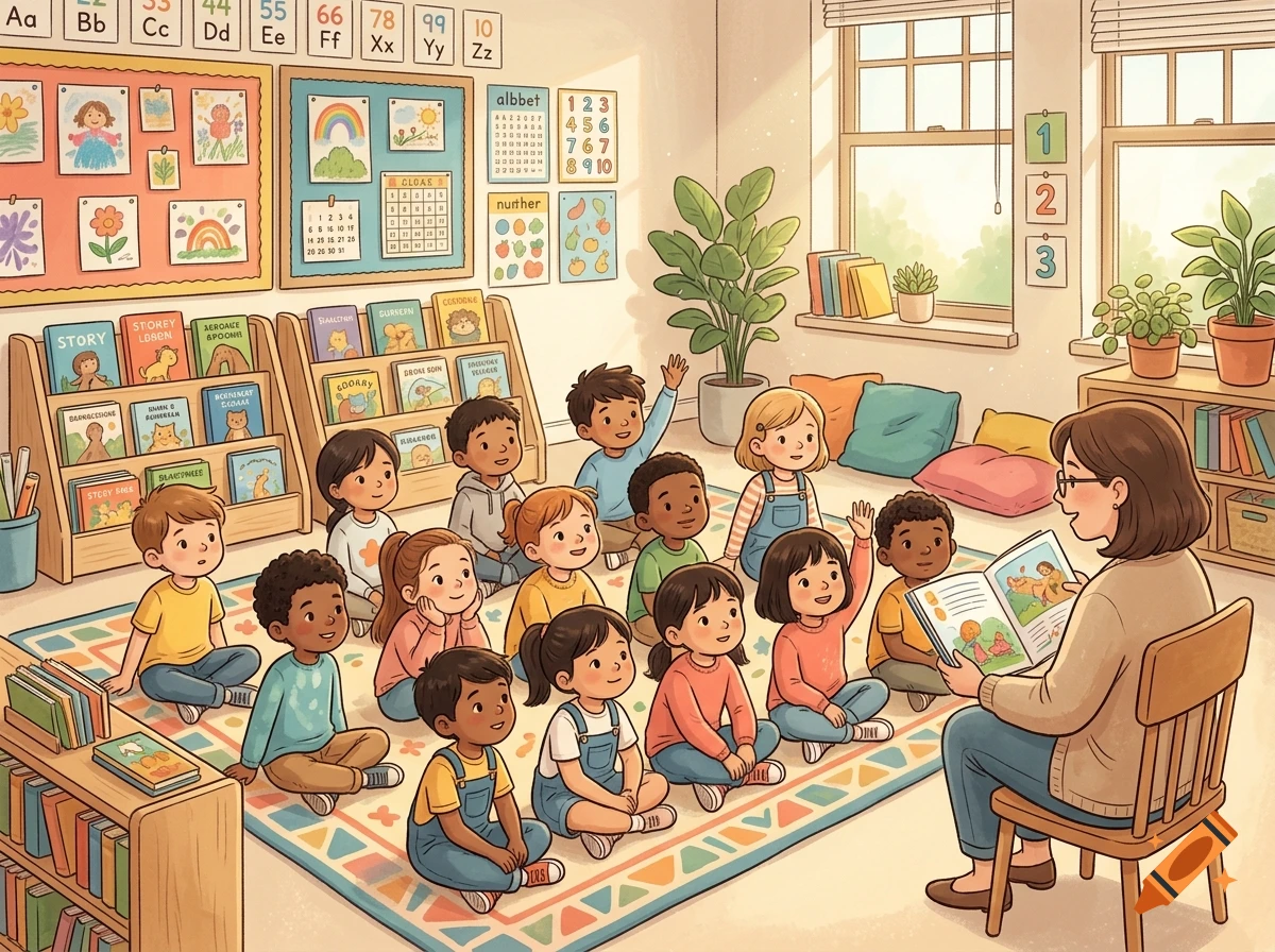 Illustration of a teacher reading a story to a group of children sitting on a classroom rug.