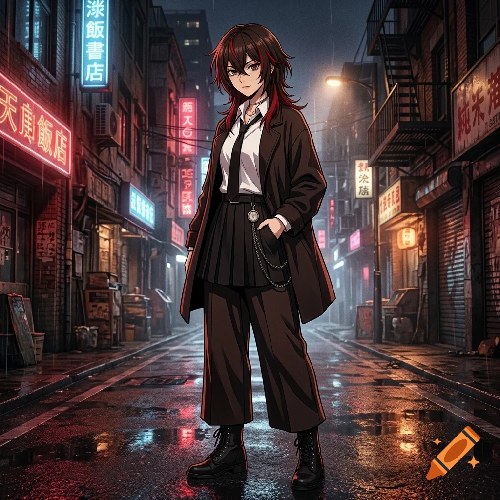 An anime-style illustration of a person with dark hair and red highlights standing in a neon-lit urban alley at night, wearing a suit jacket, tie, and pleated trousers.