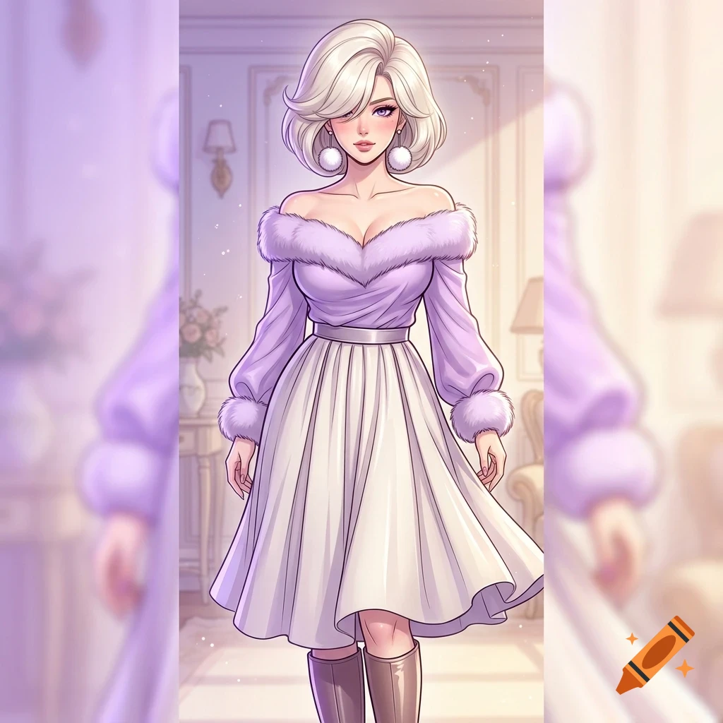 An anime-style illustration of a stylish blonde woman wearing an off-the-shoulder lavender top with fur trim, a white skirt, and boots inside a room.