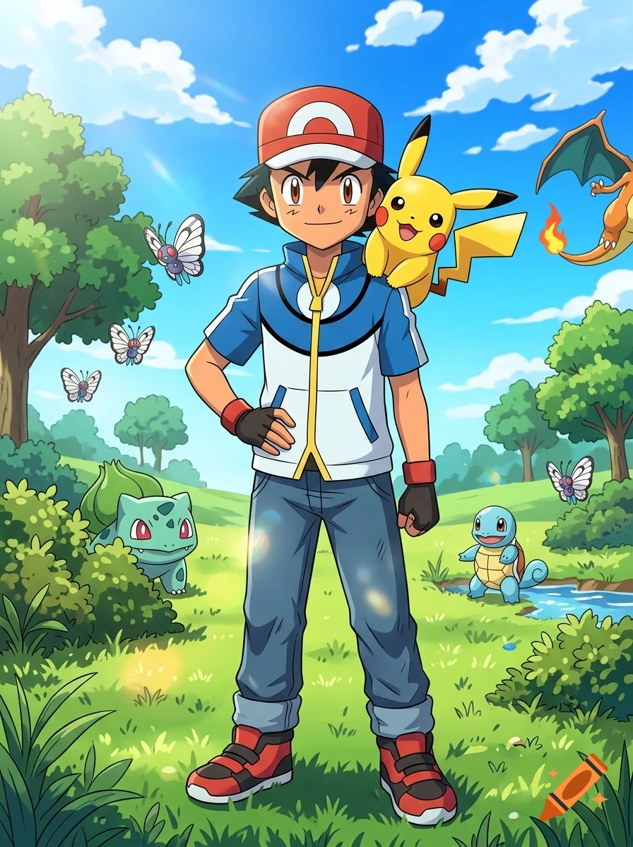 An anime-style illustration of a trainer standing in a sunny grassy field surrounded by various creatures including a yellow mouse-like creature on his shoulder, with trees and a blue sky in the background.