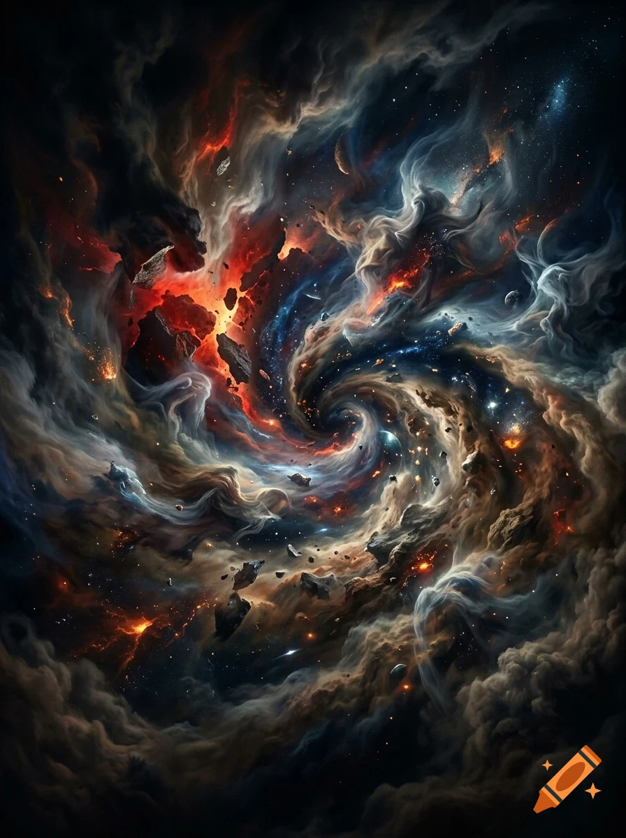 A swirling cosmic nebula filled with glowing clouds, stars, and floating rocky debris.