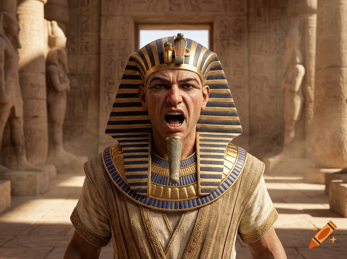 A close-up of a man dressed as an Egyptian pharaoh, wearing a traditional striped nemes headdress and collar, shouting inside a temple with stone pillars and statues.