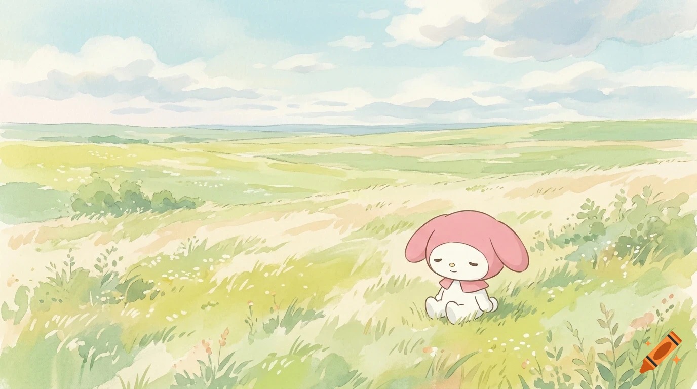 A cartoon rabbit character sits alone in a vast, rolling green meadow under a cloudy blue sky, depicted in a soft watercolor style.
