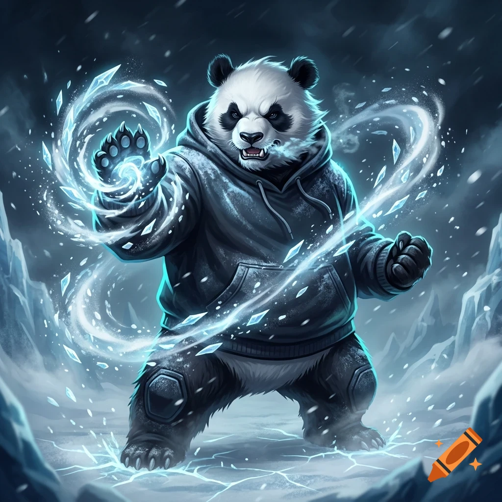 An anthropomorphic giant panda wearing a hoodie commands swirling ice and snow in a wintry landscape.