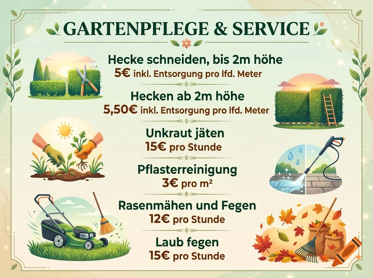 An informational flyer titled GARTENPFRIEGE & SERVICE listing garden maintenance services and pricing, accompanied by illustrated icons for trimming, weeding, pressure washing, mowing, and raking.