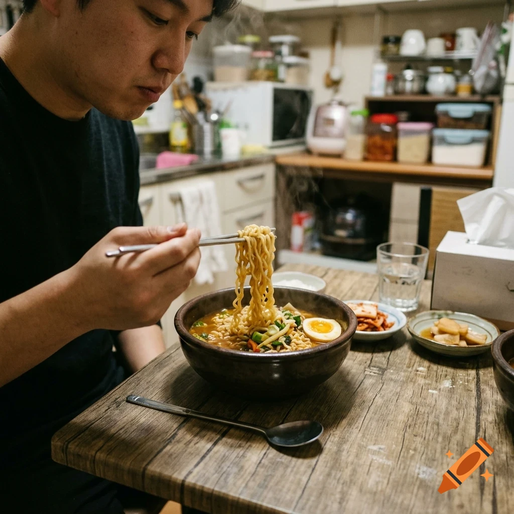 A man uses chopsticks to lift noodles from a bowl of ramen at a wooden table in a kitchen.
