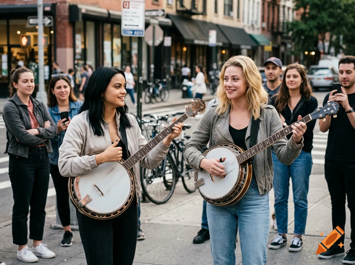 Two women playing banjos on a city street while a small crowd watches and films with phones.