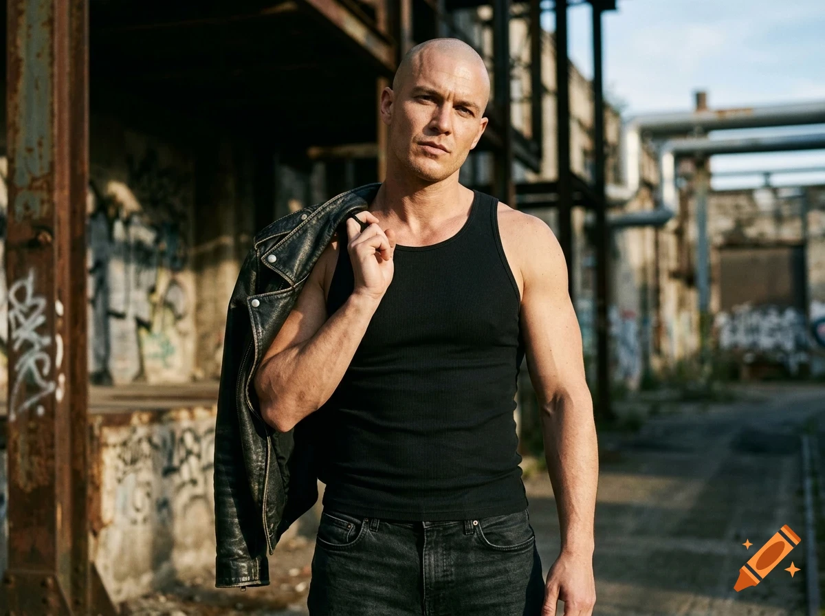 A bald man wearing a black tank top and jeans, holding a leather jacket over his shoulder outdoors near industrial architecture.