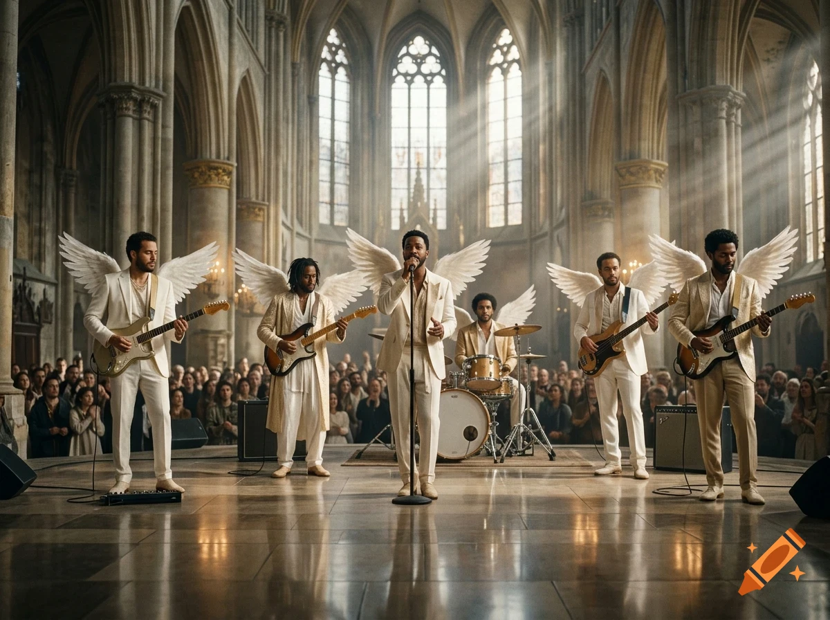 A band of five men dressed in white suits with large white angel wings attached to their backs perform on a stage inside a grand cathedral filled with an audience.