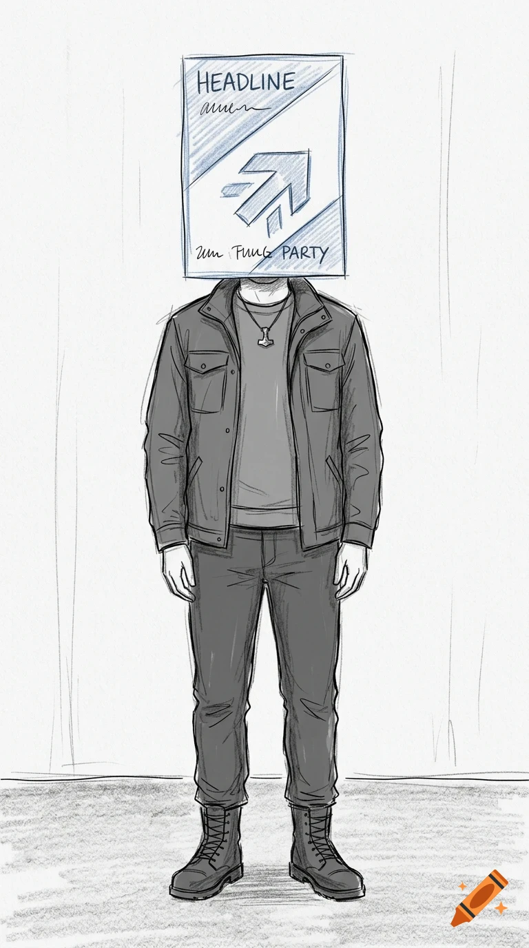 An ink sketch of a person wearing a jacket and boots, with a poster hiding their face.