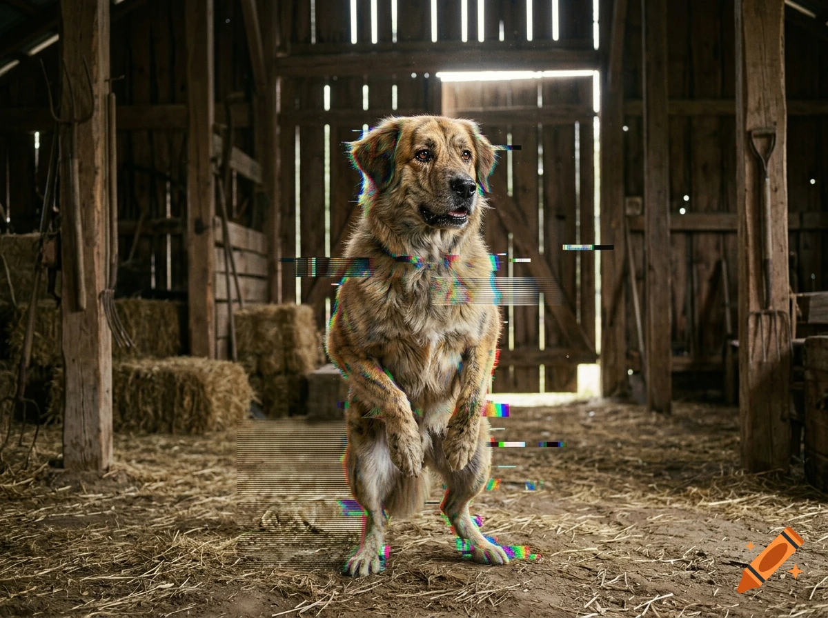 Photorealistic image of a fluffy brown dog standing on its hind legs inside a rustic wooden barn with digital glitch artifacts.