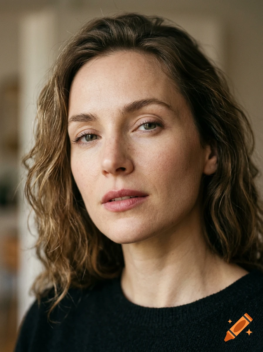 Photorealistic close-up portrait of a woman with brown curly hair and green eyes, wearing a black top.