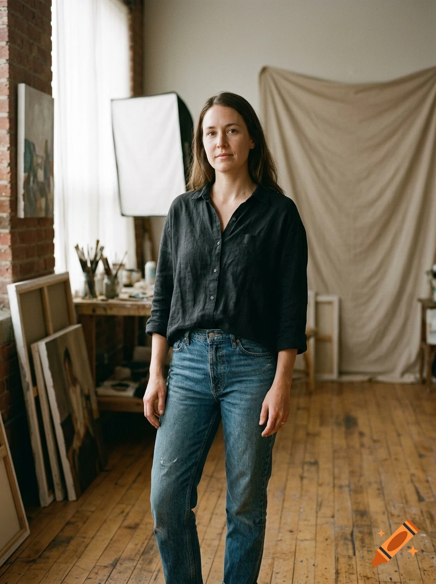Photorealistic portrait of a woman in an artist studio wearing a dark button-down shirt and blue jeans.