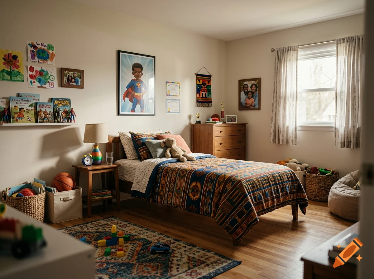 A warm and cozy bedroom for a child, featuring a bed with patterned quilt, superhero poster on the wall, and toys scattered on the floor.