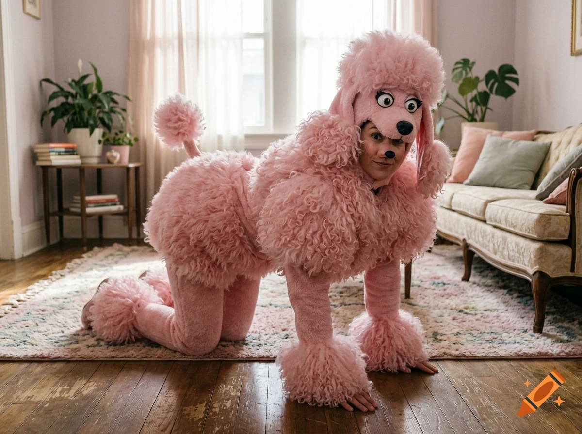 A person wearing a fluffy pink poodle costume on all fours indoors.