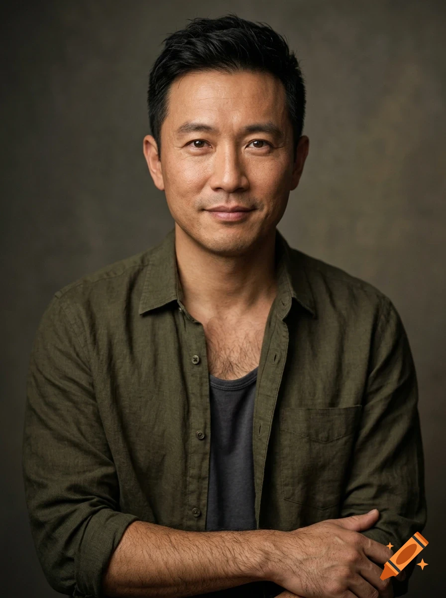 Portrait of an Asian man with short dark hair, wearing an olive green button-down shirt over a grey t-shirt, looking directly at the camera.