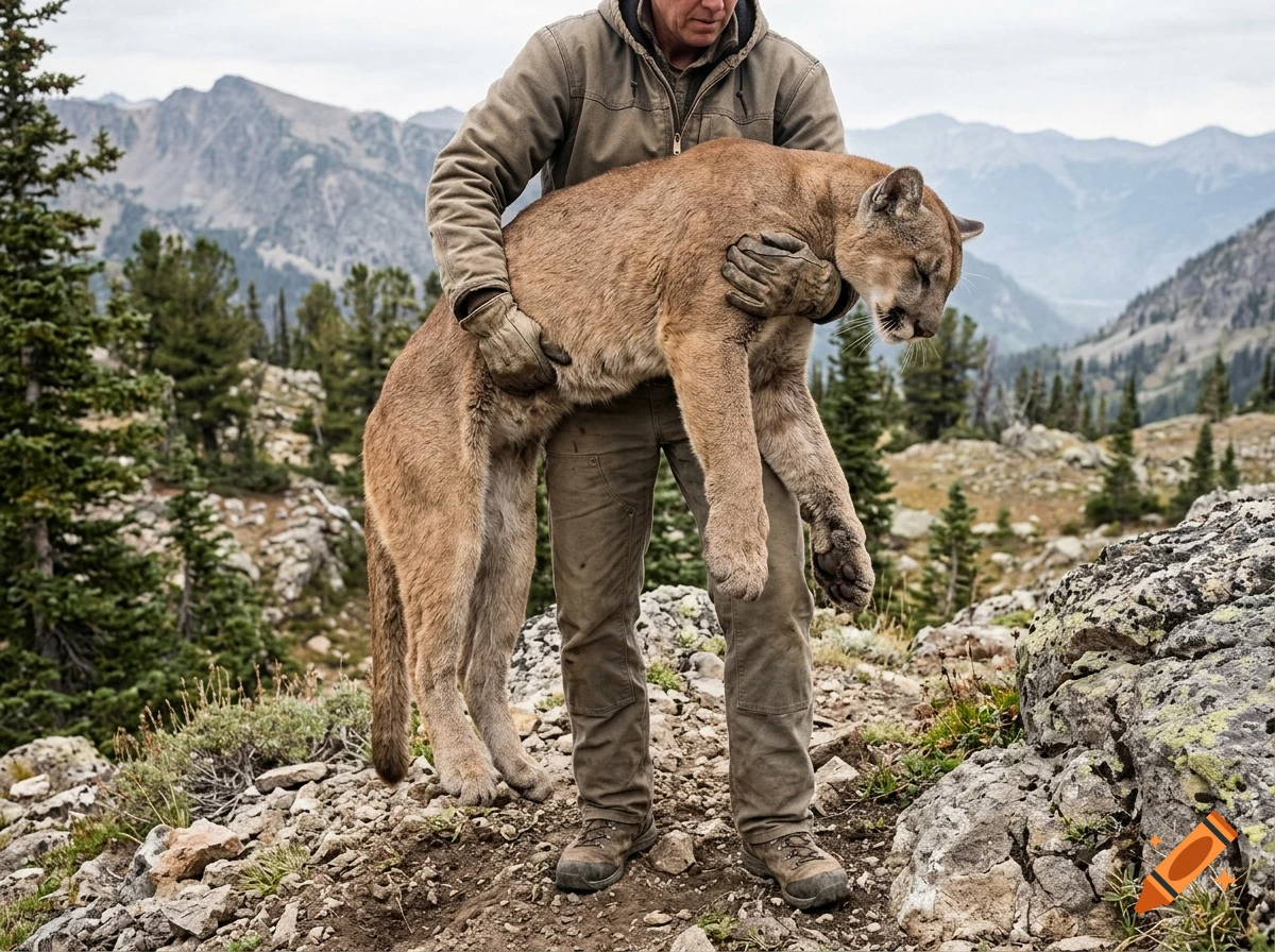 Photorealistic image of a person holding a large mountain lion in a mountainous wilderness setting.
