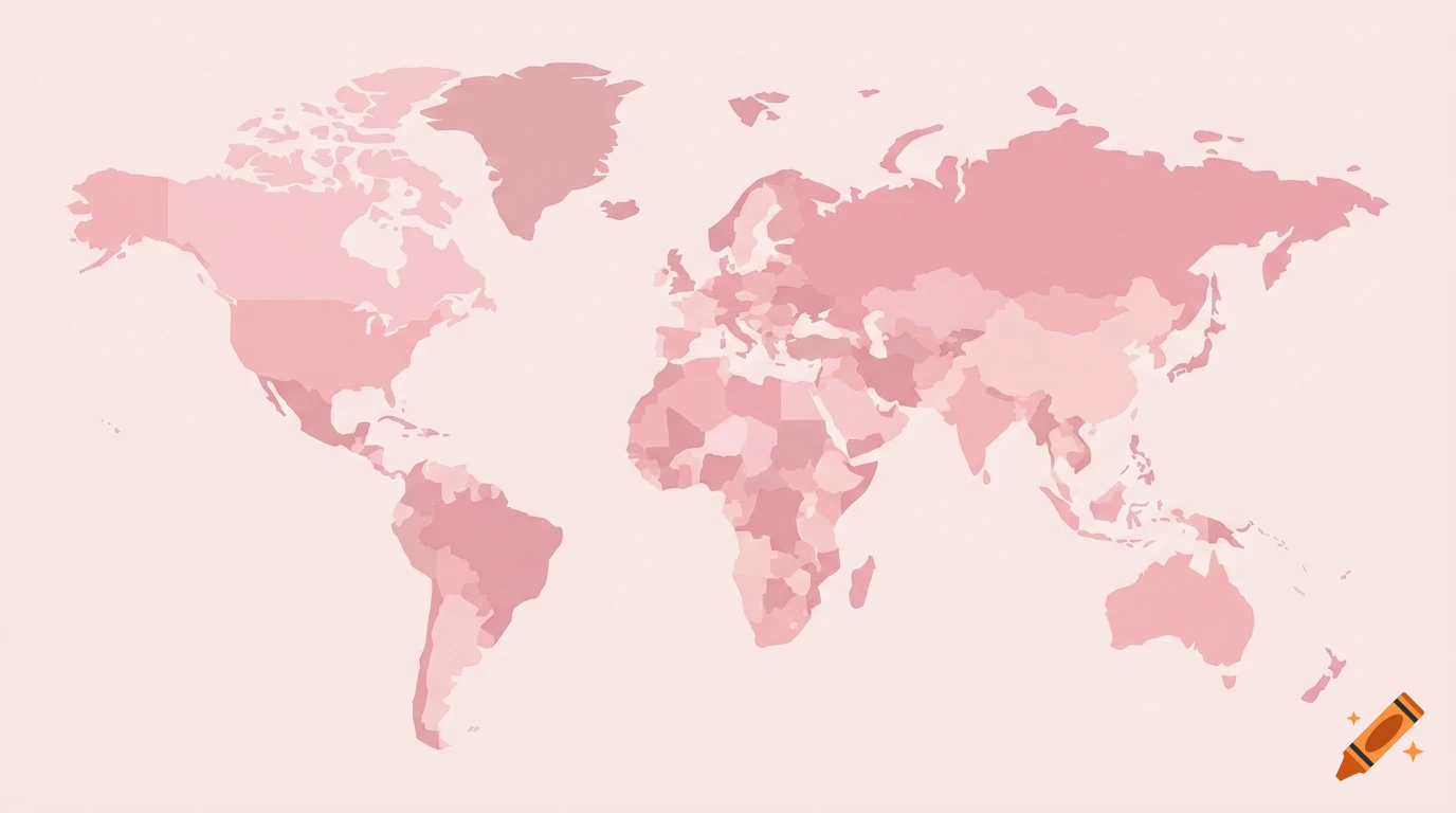 A world map rendered in shades of pink on a pale background.