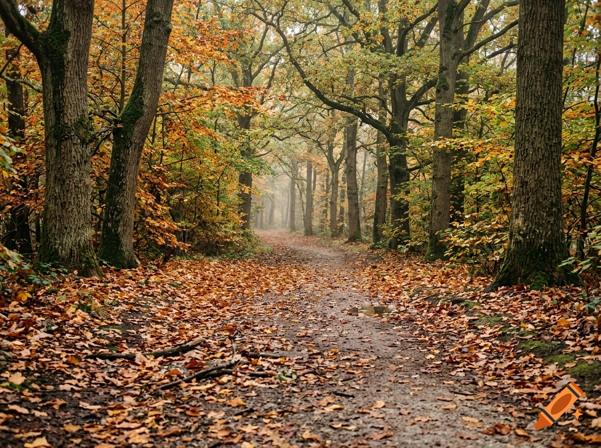 A narrow dirt path winds through a dense forest with tall trees and vibrant autumn foliage covering the ground in shades of orange and brown.