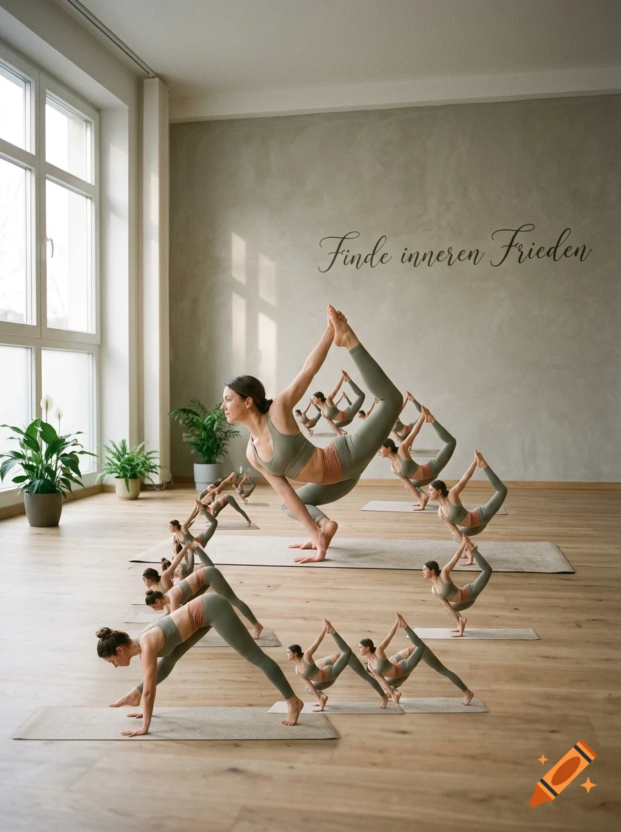 A woman in a yoga studio practicing various poses on a mat, with a German inscription on the wall.