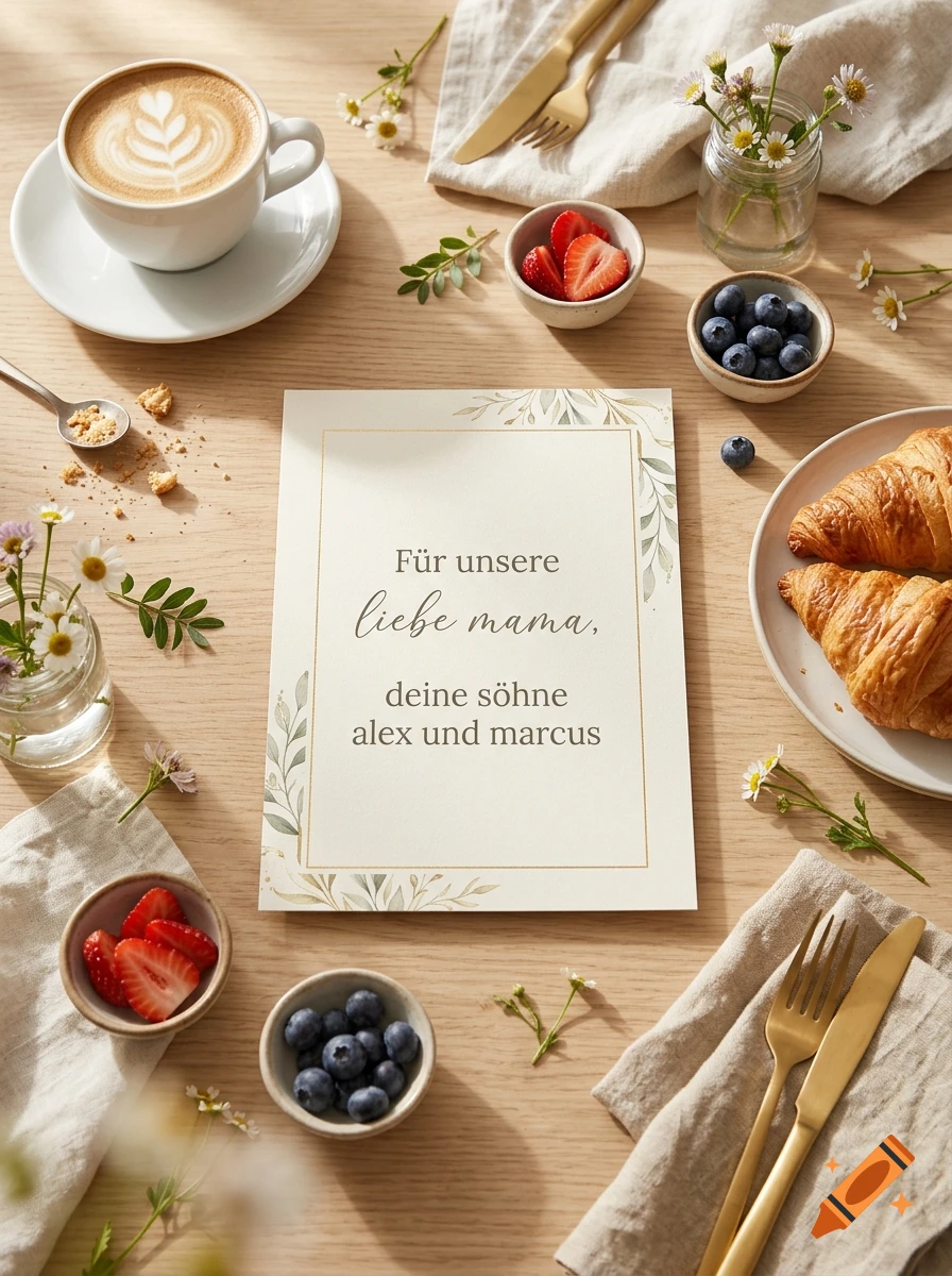 Flat lay photograph of a breakfast spread with croissants, coffee, berries, and a greeting card for Mother's Day.
