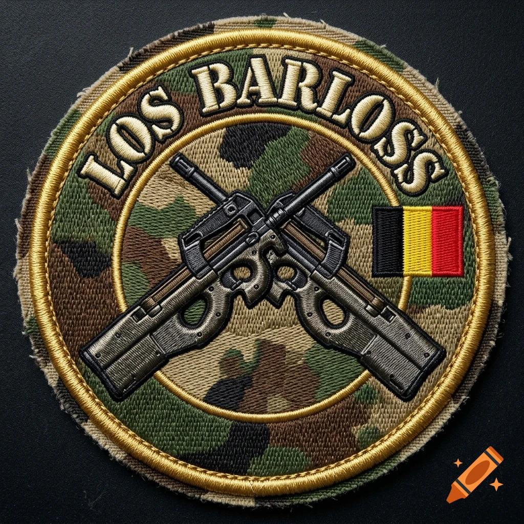 An embroidered circular patch with camouflage background, featuring two crossed rifles, the text LOS BARLOSS, and a small Belgian flag.