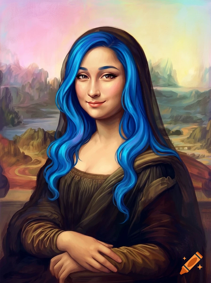 A stylized portrait of a smiling woman with bright blue wavy hair and a dark hood, set against a hazy mountainous landscape background.