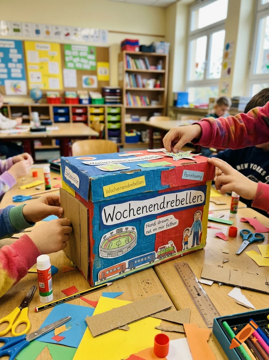 Children crafting a shoebox reading box labeled Wochenendrebellen in a brightly lit classroom.