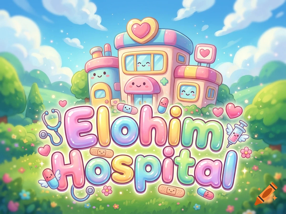 A whimsical, colorful illustration of Elohim Hospital with cute, smiling medical elements like pills, bandages, and a stethoscope, set against a bright, cartoonish landscape.