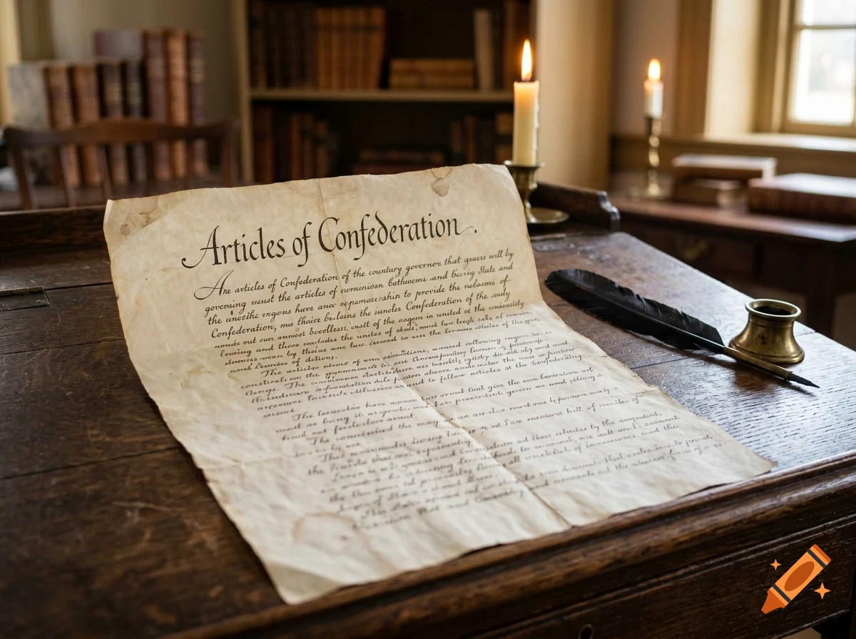 An aged parchment document titled Articles of Confederation lies on a wooden desk with a quill, inkwell, and lit candles in a historic room.