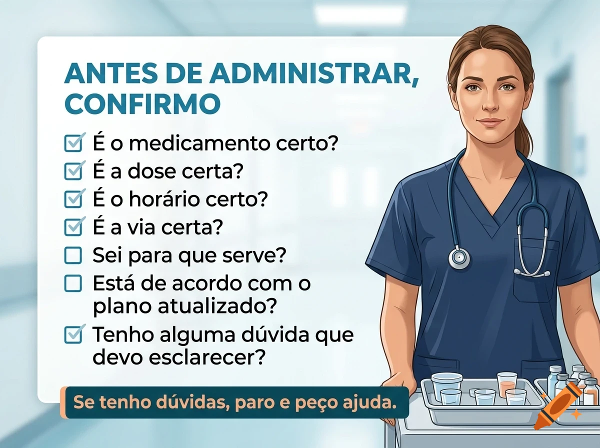An illustrated female healthcare worker in blue scrubs with a stethoscope stands next to a checklist in Portuguese regarding medication administration safety in a hospital setting.